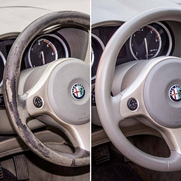 gray leather steering wheel of Alfa Romeo before after