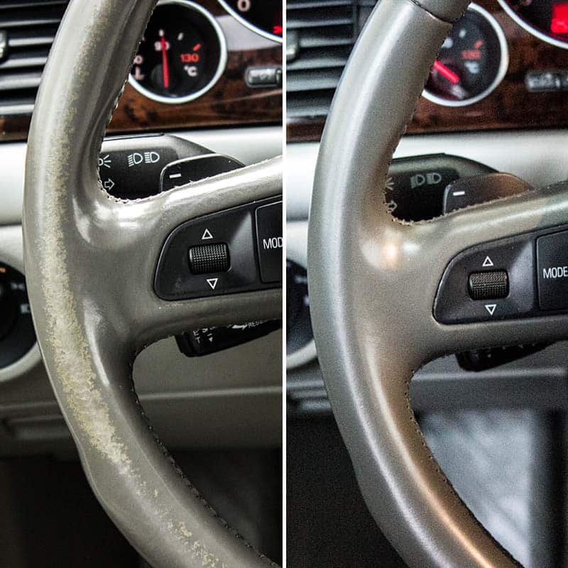 gray leather steering wheel of Audi A8 before after