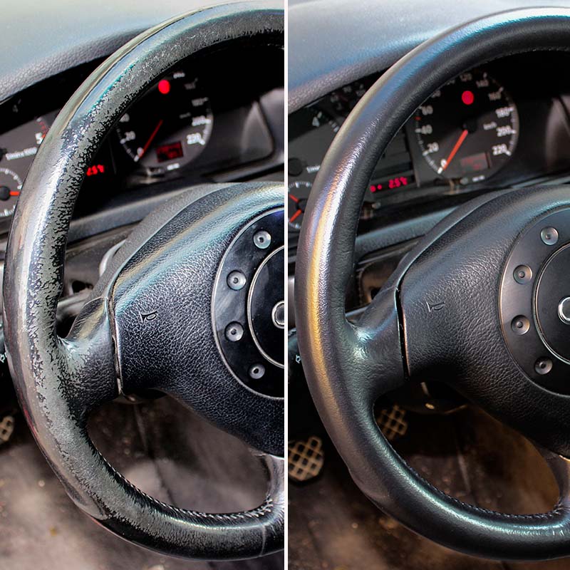 repaired black leather steering wheel from Audi A4