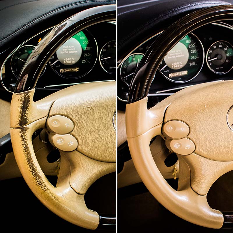 repaired beige leather steering wheel from CLS
